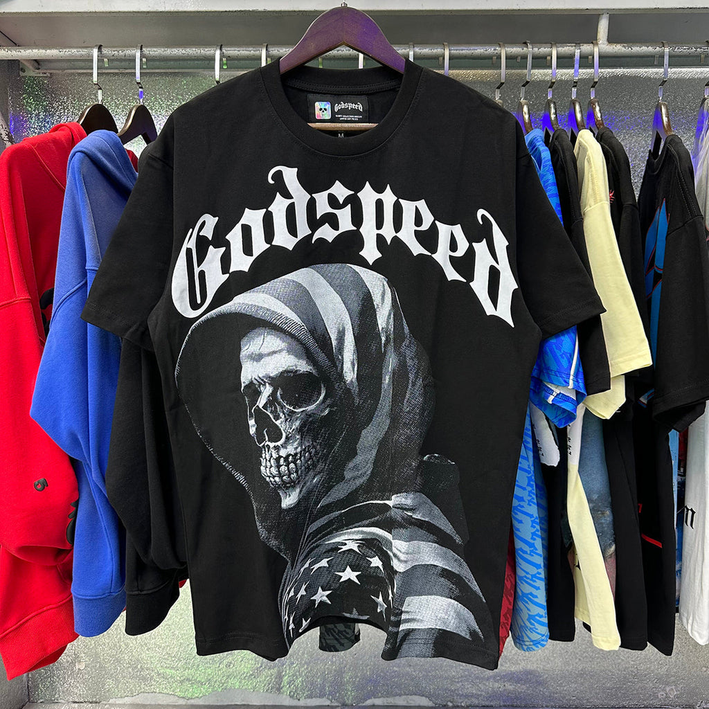 Godspeed T-shirts American Flag Skull Print Cotton Casual Short Sleeves Men and Women