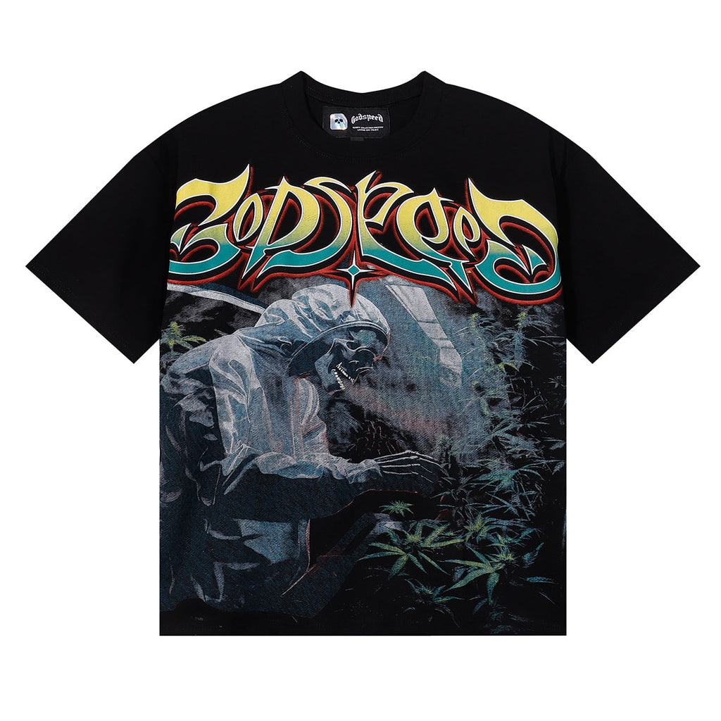 Godspeed T-shirts Biochemical Skull Poppy Print Cotton Casual Short Sleeve Men and Women