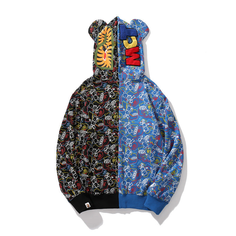 Bape Bearbrick Hoodie Blue And Black Camouflage Stitching Shark Zipper Hooded Ear Sweater