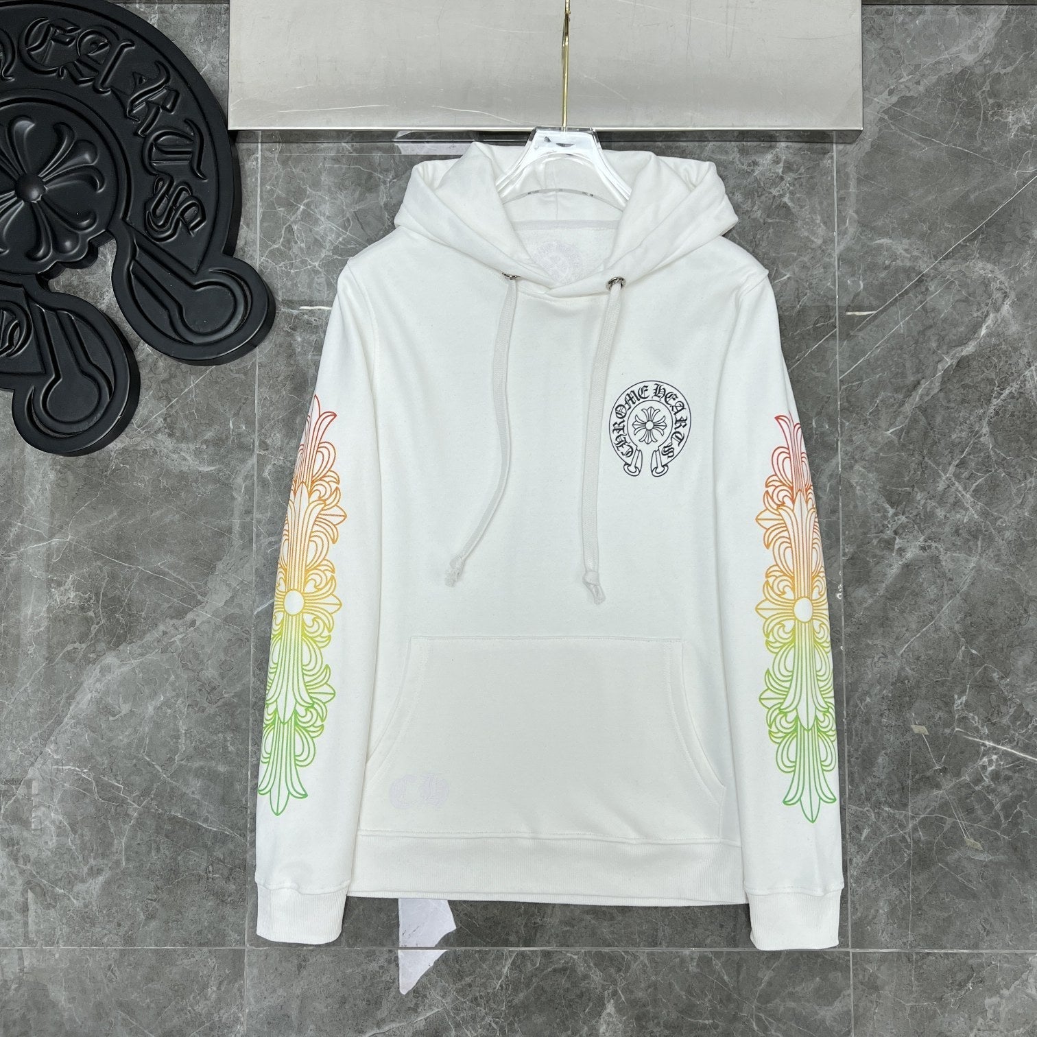 Chrome Heart Hoodie Yellow green gradual change letter horseshoe flower arm cross hooded sweater