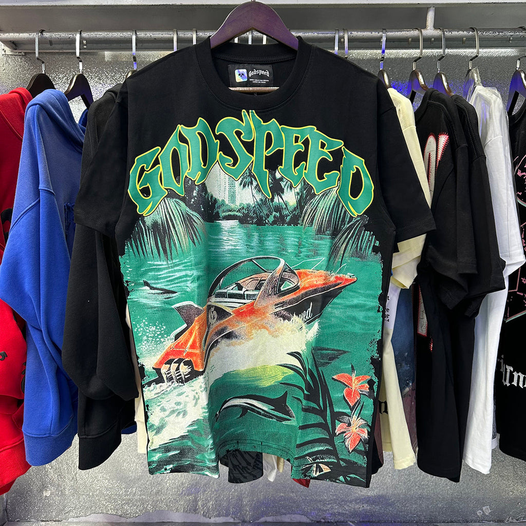 Godspeed T-shirts Speedboat Shark Print Cotton Crew Neck Short Sleeve Men and Women