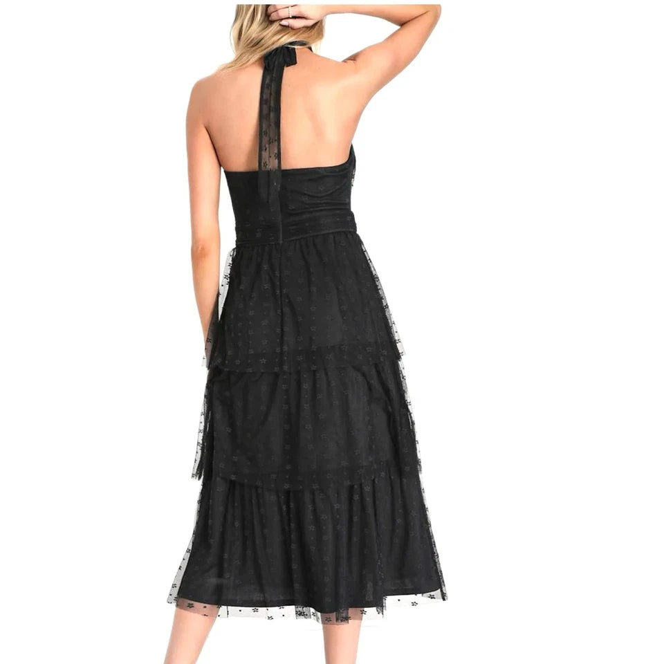 NWT - Lulus Positively Precious Black Floral Mesh Tiered Halter Midi Dress S