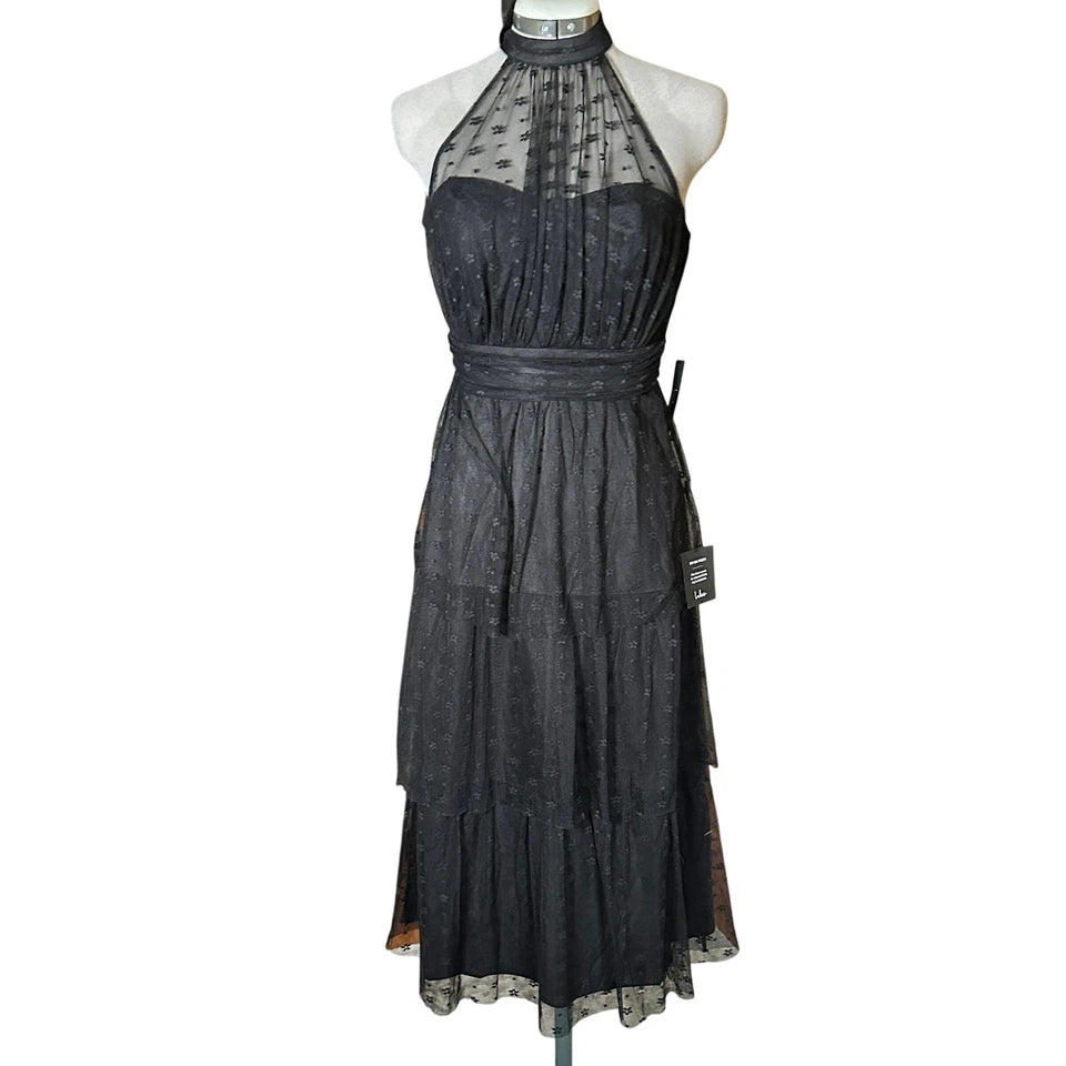 NWT - Lulus Positively Precious Black Floral Mesh Tiered Halter Midi Dress S