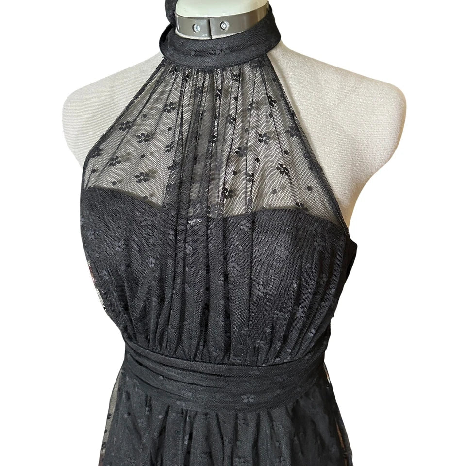 NWT - Lulus Positively Precious Black Floral Mesh Tiered Halter Midi Dress S