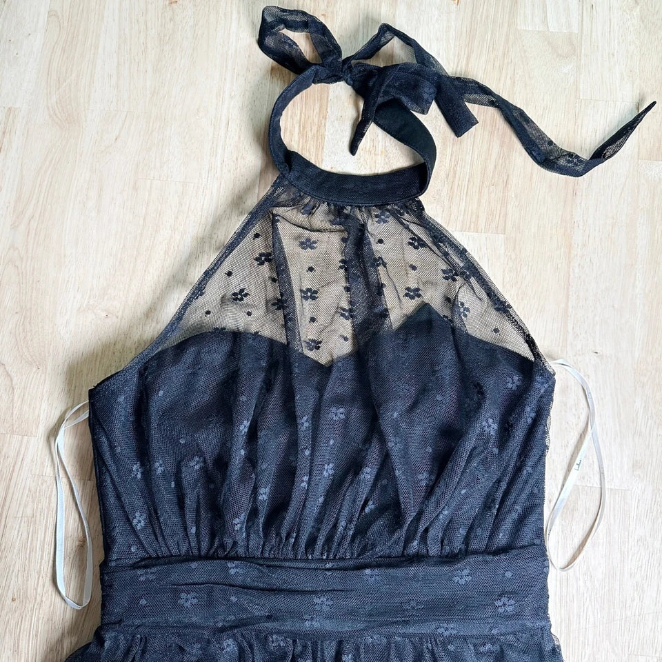 NWT - Lulus Positively Precious Black Floral Mesh Tiered Halter Midi Dress S