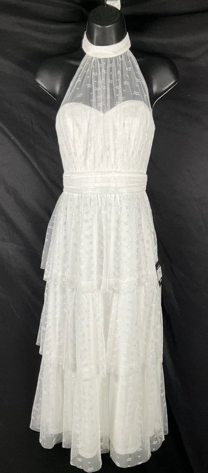 Lulu's Size S Positively Precious White Floral Mesh Tiered Halter Midi Dress