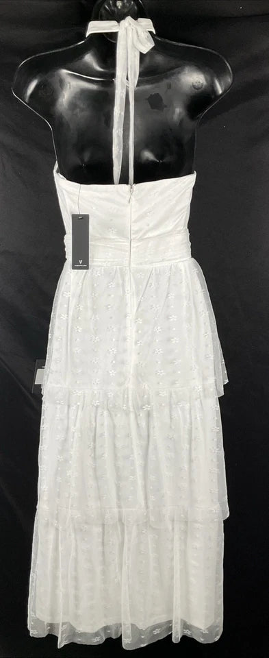 Lulu's Size S Positively Precious White Floral Mesh Tiered Halter Midi Dress