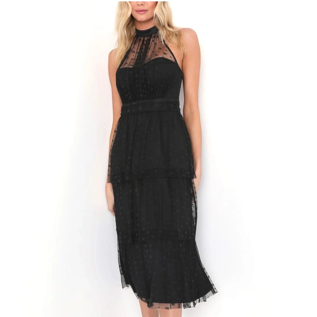 NWT - Lulus Positively Precious Black Floral Mesh Tiered Halter Midi Dress S